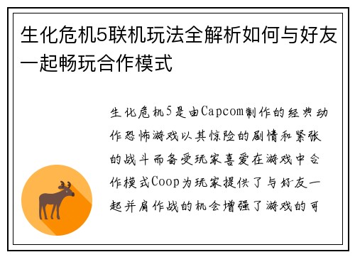 生化危机5联机玩法全解析如何与好友一起畅玩合作模式