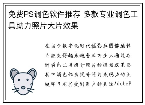 免费PS调色软件推荐 多款专业调色工具助力照片大片效果